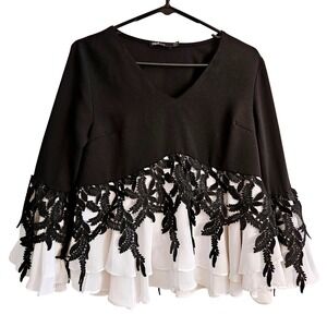 INA Black Crochet Lace White Tiered Ruffle Bell Sleeve Top S Whimsigoth Feminine